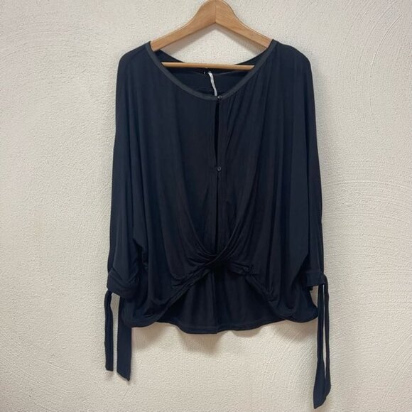 Free People "Keepin On" Tee Black Twist Front Tie Sleeves Flowy Top Women Size M - Picture 1 of 8